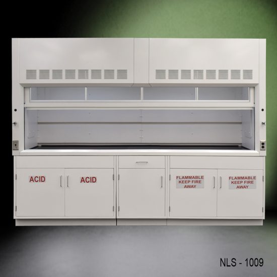 Full Front view of 10' Fisher American Chemical Fume Hood w/ ACID & Flammable Storage