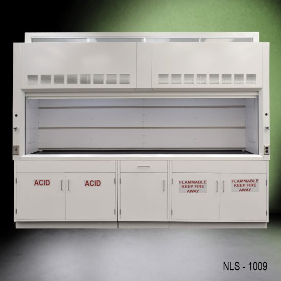 Full Wide Front view of 10' Fisher American Chemical Fume Hood w/ ACID & Flammable Storage
