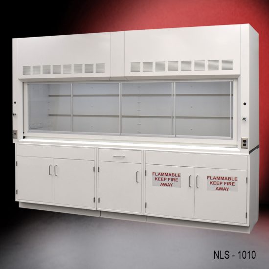 Right corner Front View of 10' Fisher American Laboratory Fume Hood w/ Flammable & General Storage