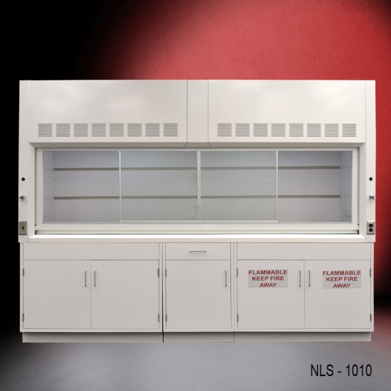 Full Front VIew of 10' Fisher American Laboratory Fume Hood w/ Flammable & General Storage with fume doors in middle