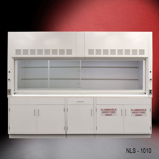 Full Front VIew of 10' Fisher American Laboratory Fume Hood w/ Flammable & General Storage with fume doors on left side