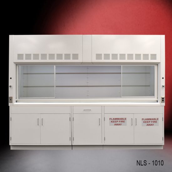 Full Front VIew of 10' Fisher American Laboratory Fume Hood w/ Flammable & General Storage with fume doors split