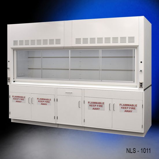 Wide full right corner front view of 10' Fisher American Bench Fume Hood w/ Flammable Storage Cabinets