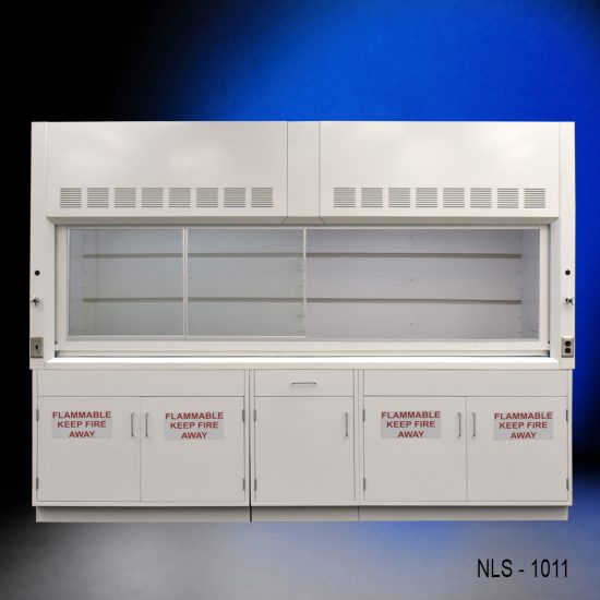 Full view of 10' Fisher American Bench Fume Hood w/ Flammable Storage Cabine with fume hood doors to the left