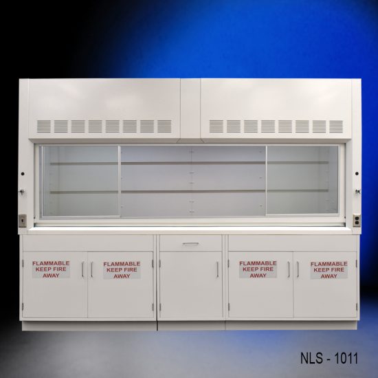 Full view of 10' Fisher American Bench Fume Hood w/ Flammable Storage Cabine with fume hood doors split