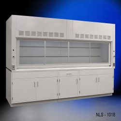 Full left corner front wide view of 10' x 48" Fisher American Fume Hood w/ General Storage Cabinets