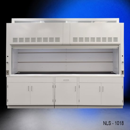 Full Wide view of 10' x 48" Fisher American Fume Hood w/ General Storage Cabinets