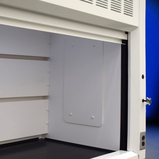 Inside right corner view of 10' x 48" Fisher American Fume Hood w/ General Storage Cabinets