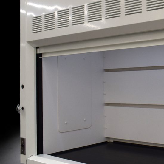 Inside left corner view of 10' x 48" Fisher American Fume Hood w/ General Storage Cabinets