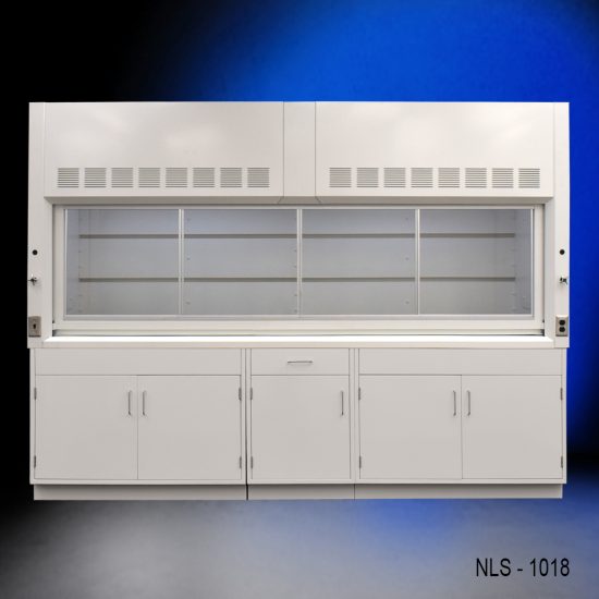 Full front wide view of 10' x 48" Fisher American Fume Hood w/ General Storage Cabinets