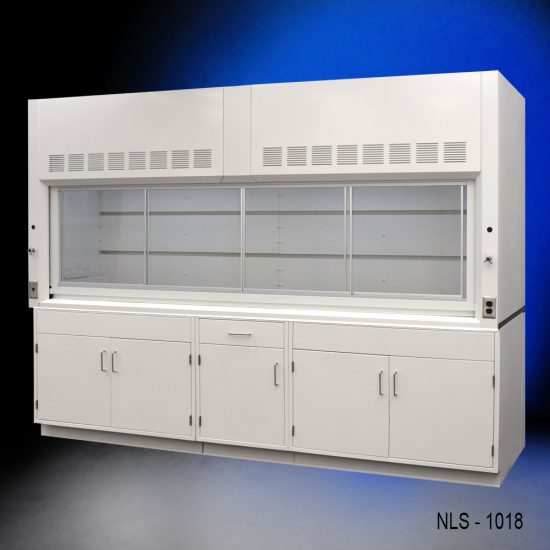 Full front right corner view of 10' x 48" Fisher American Fume Hood w/ General Storage Cabinets