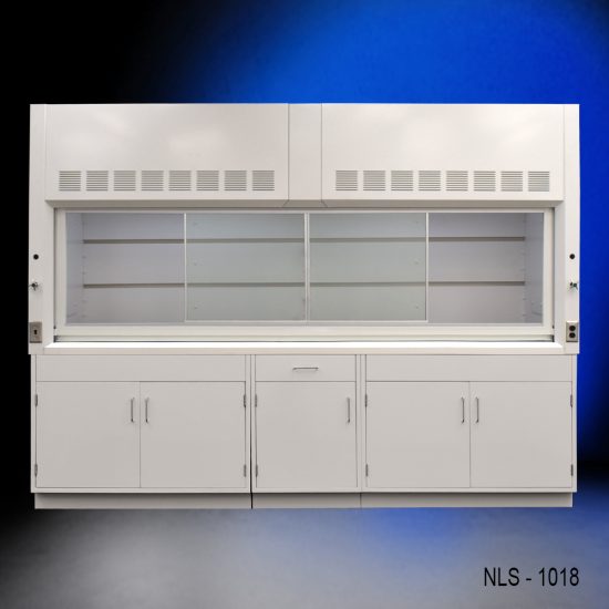 Full view of 10' x 48" Fisher American Fume Hood w/ General Storage Cabinets with fume doors in middle