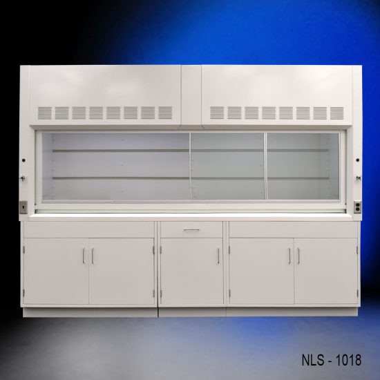 Full view of 10' x 48" Fisher American Fume Hood w/ General Storage Cabinets with fume doors on right side