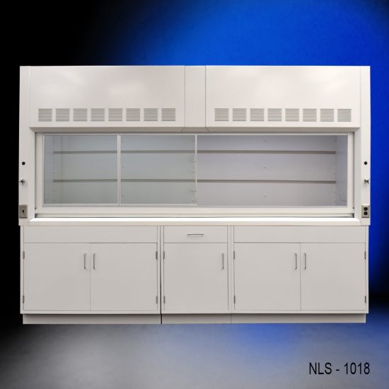 Full view of 10' x 48" Fisher American Fume Hood w/ General Storage Cabinets with fume doors on the left side