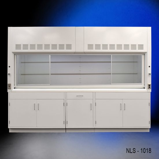 Full view of 10' x 48" Fisher American Fume Hood w/ General Storage Cabinets with fume doors on each side
