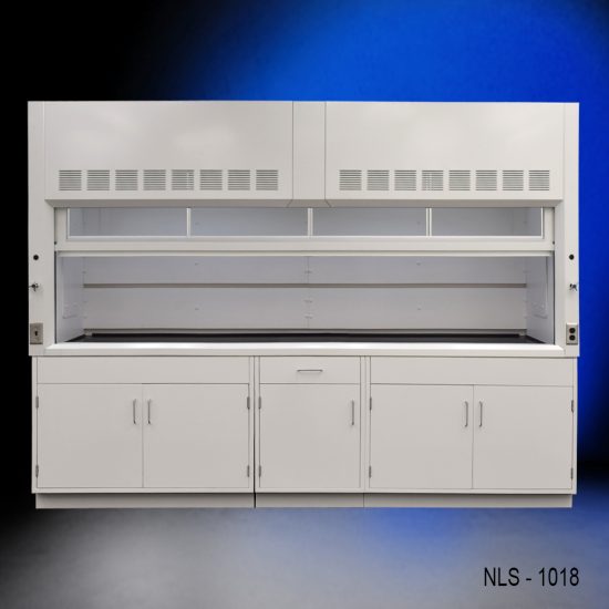 Full view of 10' x 48" Fisher American Fume Hood w/ General Storage Cabinets
