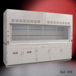 front left corner 10' x 48" Fisher American Fume Hood w/ ACID & General Storage Cabinets