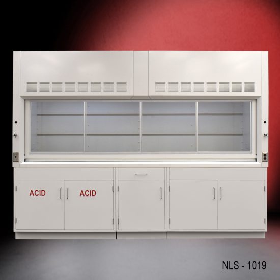 Full front view 10' x 48" Fisher American Fume Hood w/ ACID & General Storage Cabinets