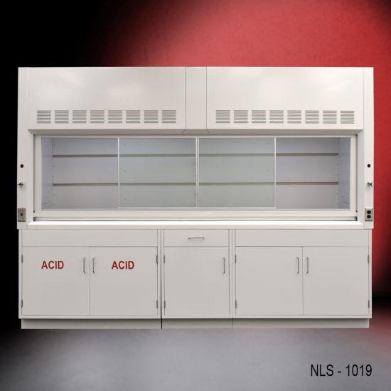 Full view 10' x 48" Fisher American Fume Hood w/ ACID & General Storage Cabinets with fume doors in middle