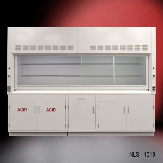 Full view 10' x 48" Fisher American Fume Hood w/ ACID & General Storage Cabinets with fume doors to the right side