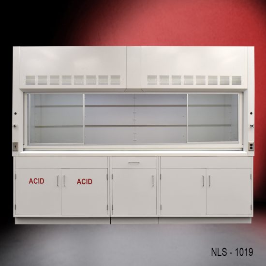 Full view 10' x 48" Fisher American Fume Hood w/ ACID & General Storage Cabinets with fume doors open