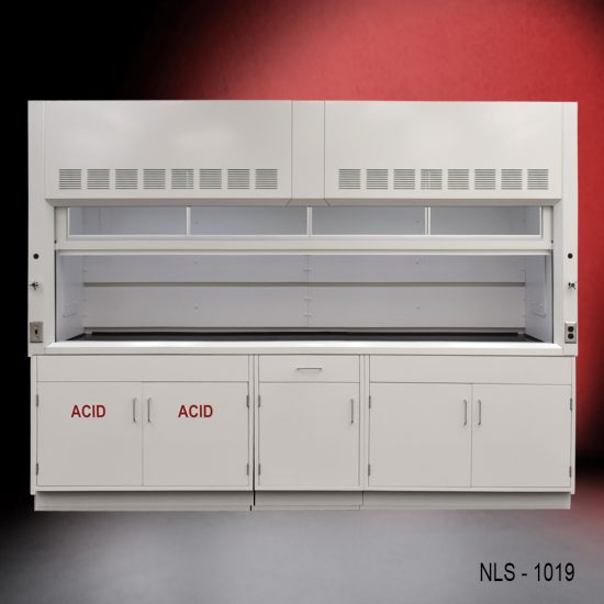 Full view 10' x 48" Fisher American Fume Hood w/ ACID & General Storage Cabinets