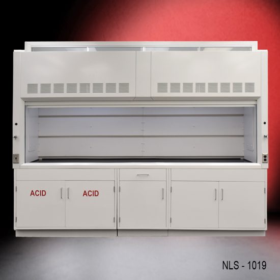 Full wide view 10' x 48" Fisher American Fume Hood w/ ACID & General Storage Cabinets