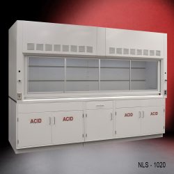 Full left corner Front view of 10' x 48" Fisher American Fume Hood w/ ACID Storage Cabinets
