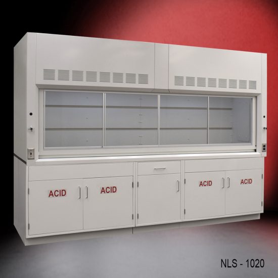 Full left corner Front view of 10' x 48" Fisher American Fume Hood w/ ACID Storage Cabinets