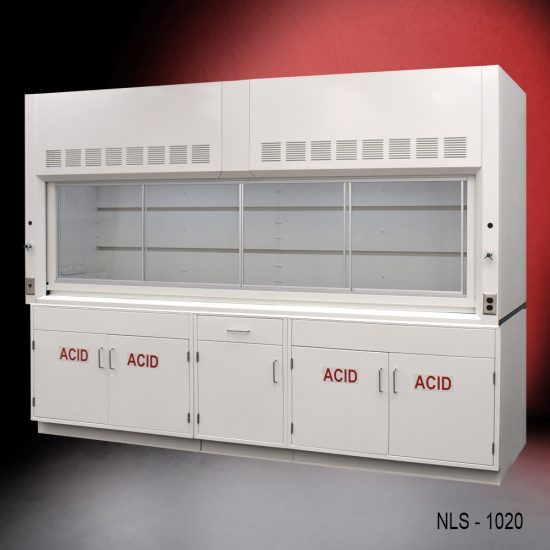 Full Wide right corner Front view of 10' x 48" Fisher American Fume Hood w/ ACID Storage Cabinets