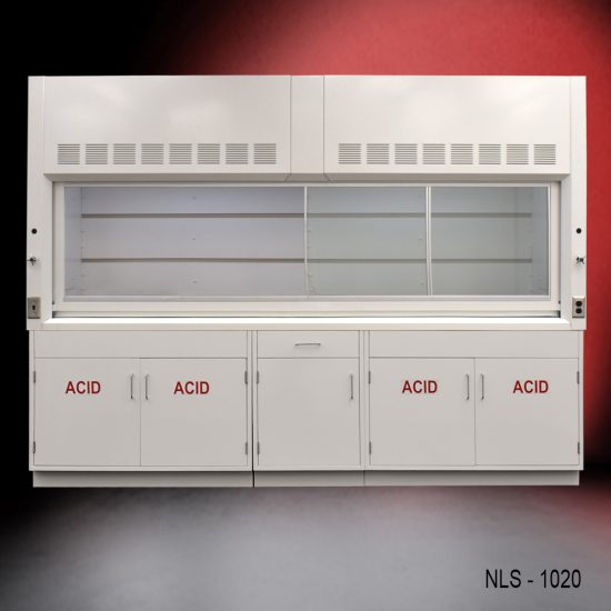 Full Wide Front view of 10' x 48" Fisher American Fume Hood w/ ACID Storage Cabinets fume doors right