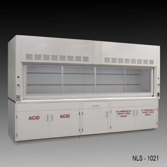 Wide left front corner view of 10' x 48" Fisher American Chemical Fume Hood w/ ACID & Flammable Storage