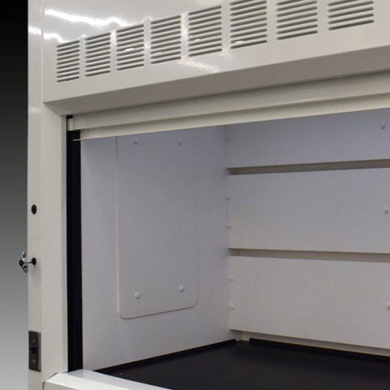 Inside left corner 10' x 48" Fisher American Chemical Fume Hood w/ ACID & Flammable Storage