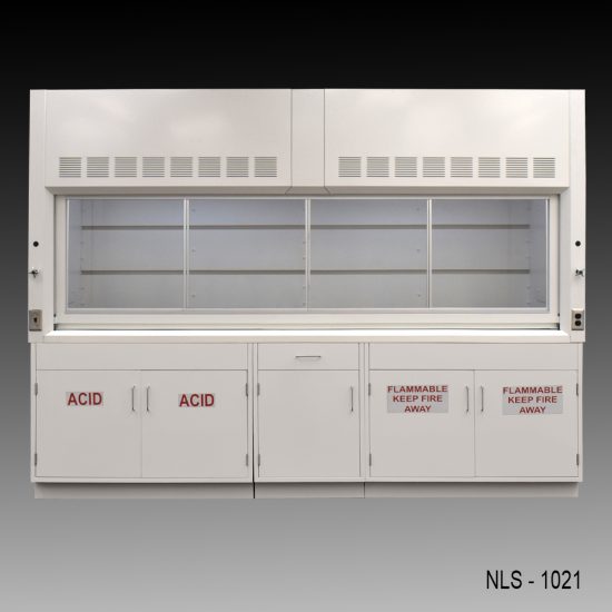 Wide view of 10' x 48" Fisher American Chemical Fume Hood w/ ACID & Flammable Storage