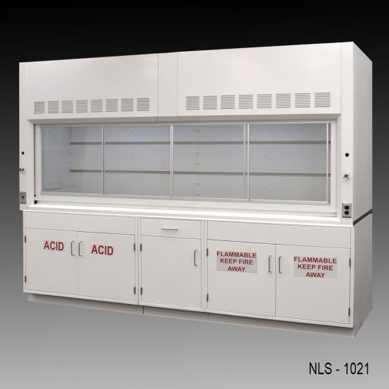 Wide front right corner view of 10' x 48" Fisher American Chemical Fume Hood w/ ACID & Flammable Storage