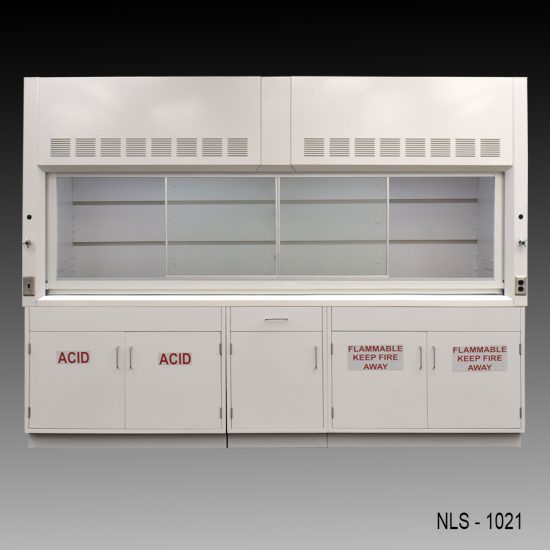 Wide front view of 10' x 48" Fisher American Chemical Fume Hood w/ ACID & Flammable Storage with fume doors middle