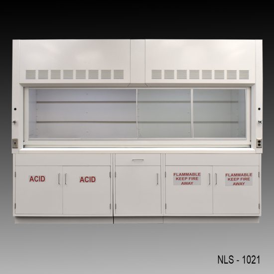 Wide front view of 10' x 48" Fisher American Chemical Fume Hood w/ ACID & Flammable Storage with fume doors right
