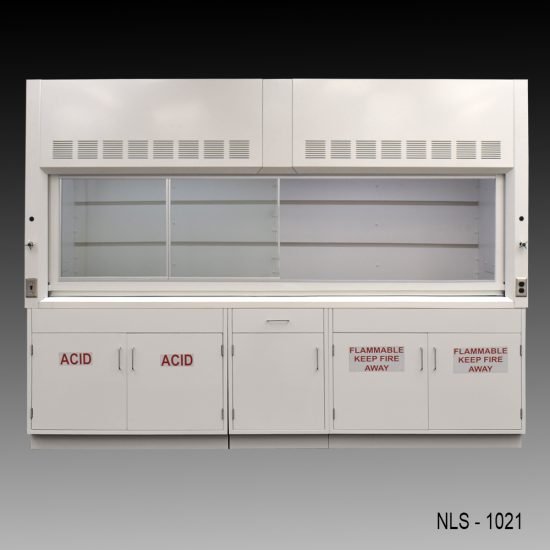 Wide front view of 10' x 48" Fisher American Chemical Fume Hood w/ ACID & Flammable Storage with fume doors