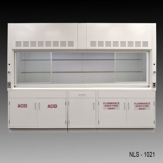 Wide front view of 10' x 48" Fisher American Chemical Fume Hood w/ ACID & Flammable Storage with fume doors split