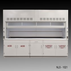 Wide front view of 10' x 48" Fisher American Chemical Fume Hood w/ ACID & Flammable Storage