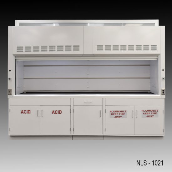 Wide full front view of 10' x 48" Fisher American Chemical Fume Hood w/ ACID & Flammable Storage