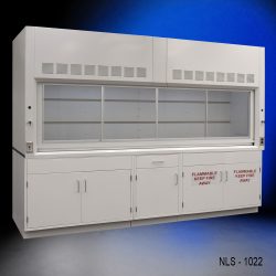 Full left corner front view of 10' x 48" Fisher American Fume Hood w/ Flammable & General Storage Cabinets