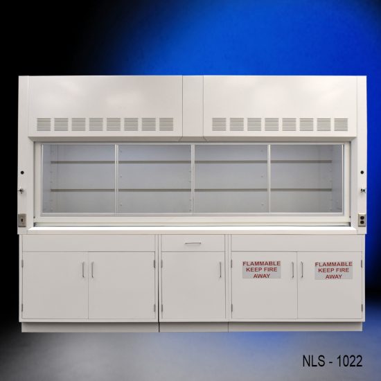 Full front view of 10' x 48" Fisher American Fume Hood w/ Flammable & General Storage Cabinets