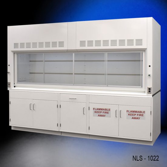 Full right corner front view of 10' x 48" Fisher American Fume Hood w/ Flammable & General Storage Cabinets