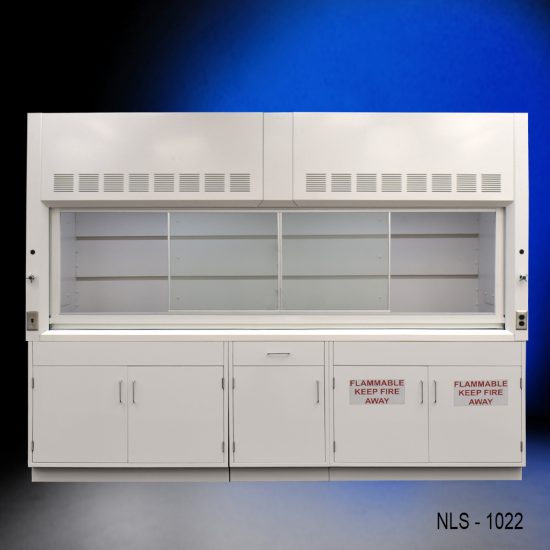 Full front view of 10' x 48" Fisher American Fume Hood w/ Flammable & General Storage Cabinets with fume doors to the middle