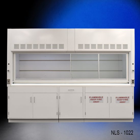 Full front view of 10' x 48" Fisher American Fume Hood w/ Flammable & General Storage Cabinets with fume doors to the right