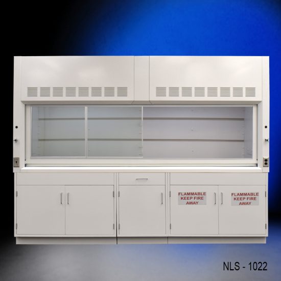 Full front view of 10' x 48" Fisher American Fume Hood w/ Flammable & General Storage Cabinets with fume doors to the left