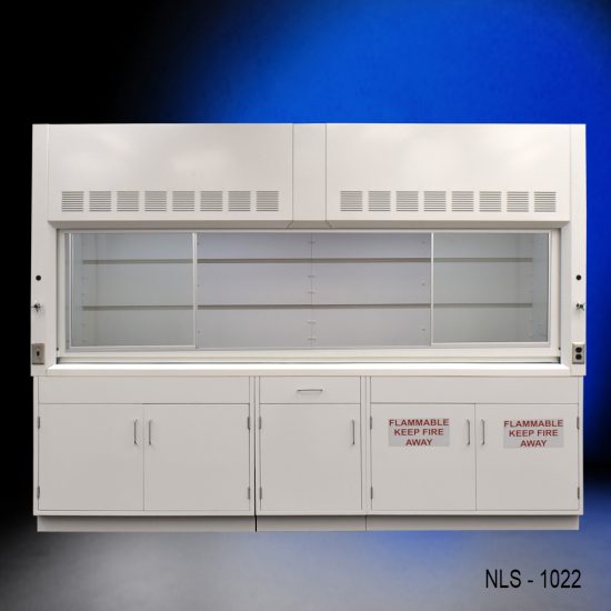 Full front view of 10' x 48" Fisher American Fume Hood w/ Flammable & General Storage Cabinets with fume doors split