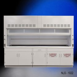 Full front view of 10' x 48" Fisher American Fume Hood w/ Flammable & General Storage Cabinets