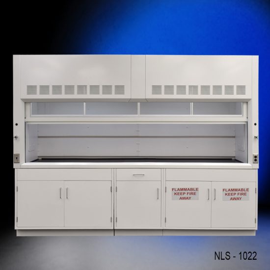 Full front view of 10' x 48" Fisher American Fume Hood w/ Flammable & General Storage Cabinets